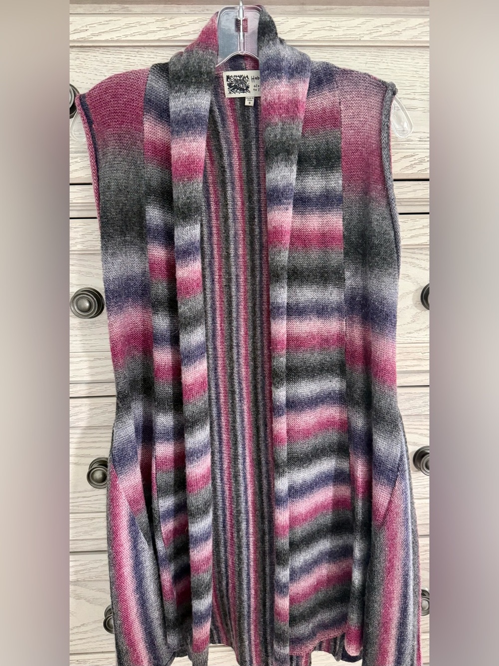 Striped Open-Front Sleeveless Cardigan Vest - Pink, Gray, Purple